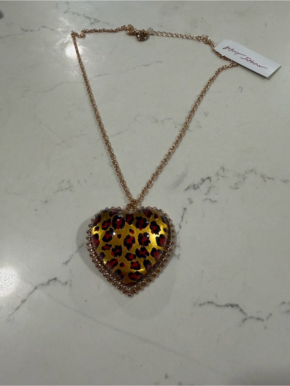 Betsey Johnson Gold-Tone Leopard Heart Pendant Necklace with Red Accent